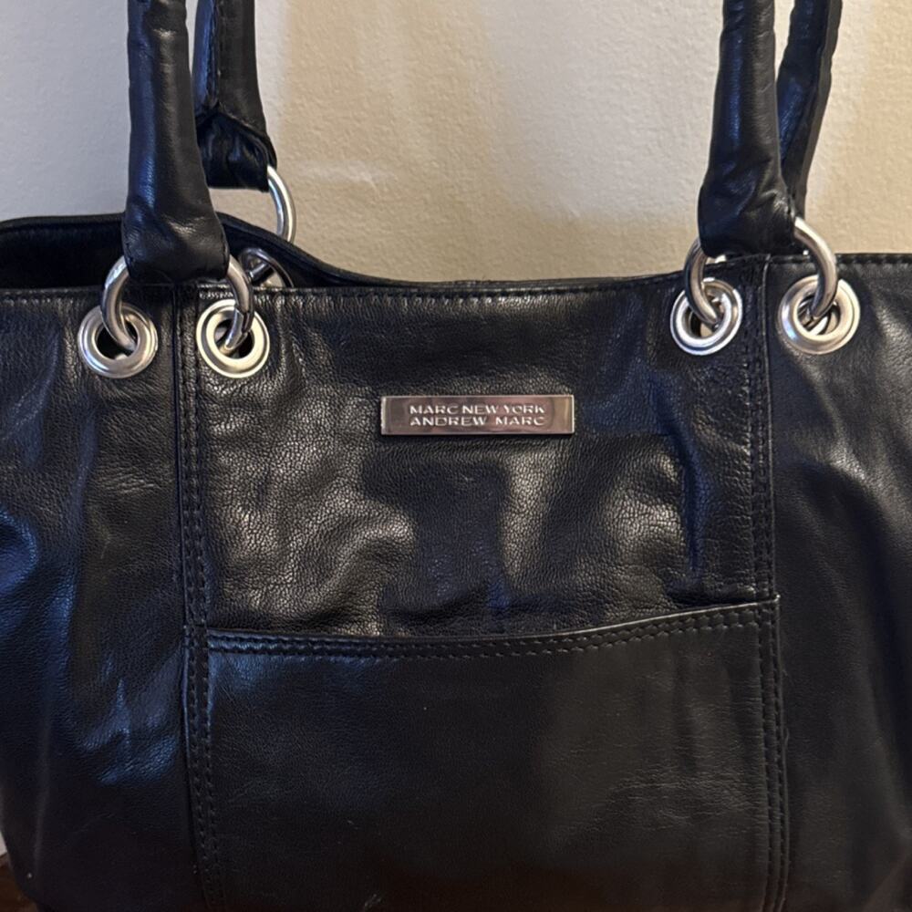 Marc New York Black Tote Bag Silver Hardware Logo Plaque Double Handles